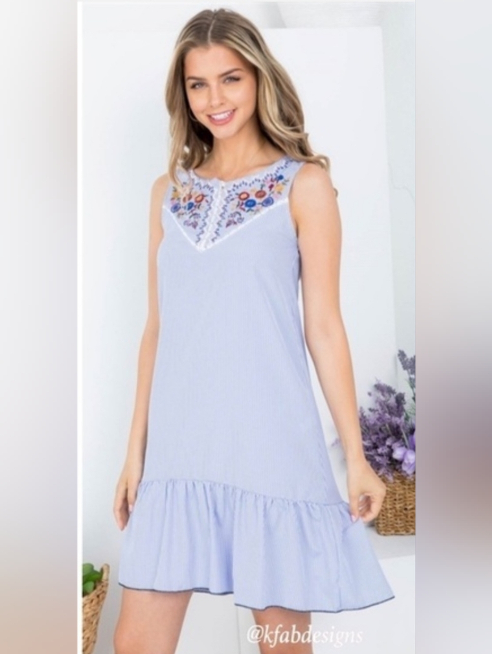 Be You Tiful KFab Designs Blue White Stripe Embroidered Shift Dress NWT Large